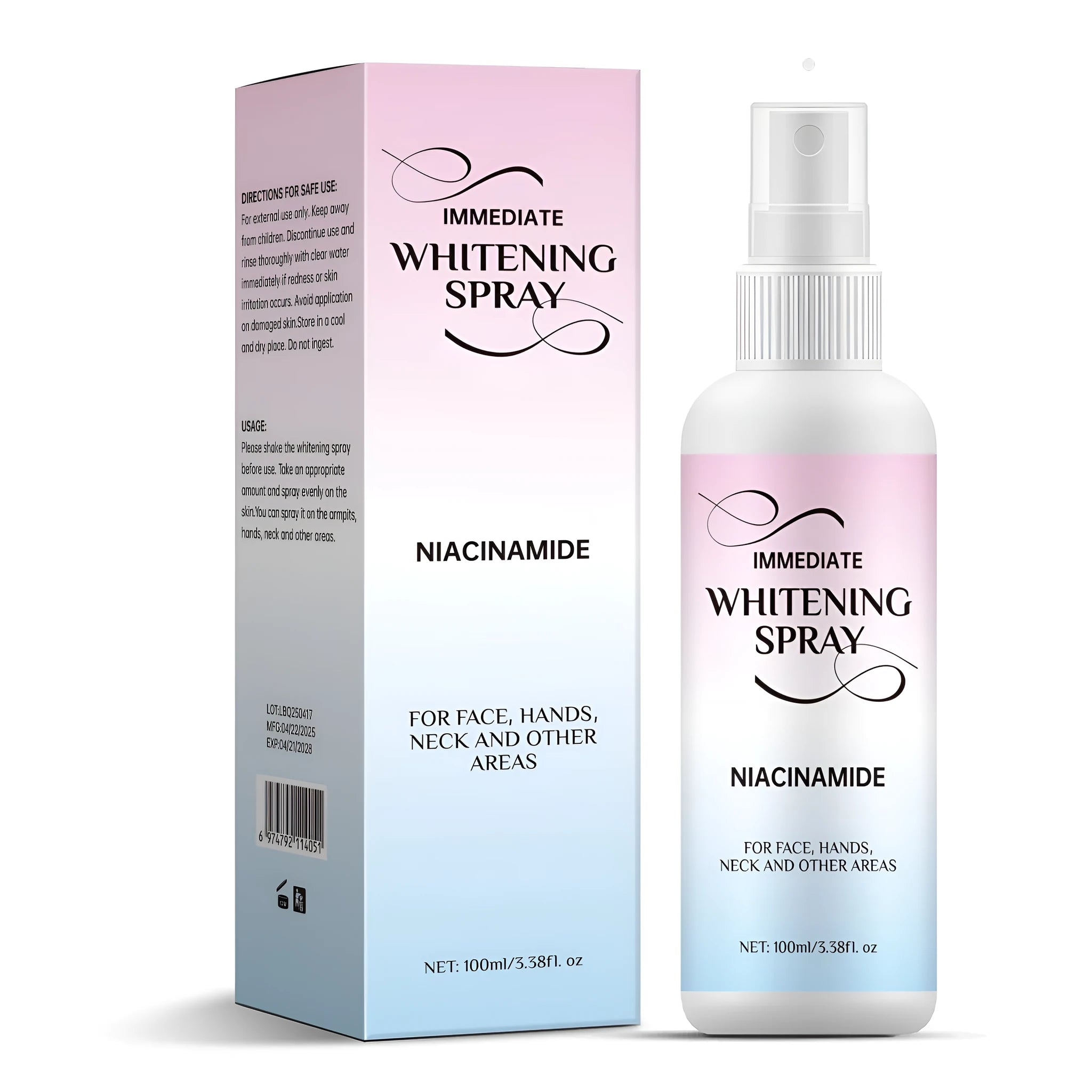 100ml whitening spray bottle with sweat-proof formula for facial and body brightening