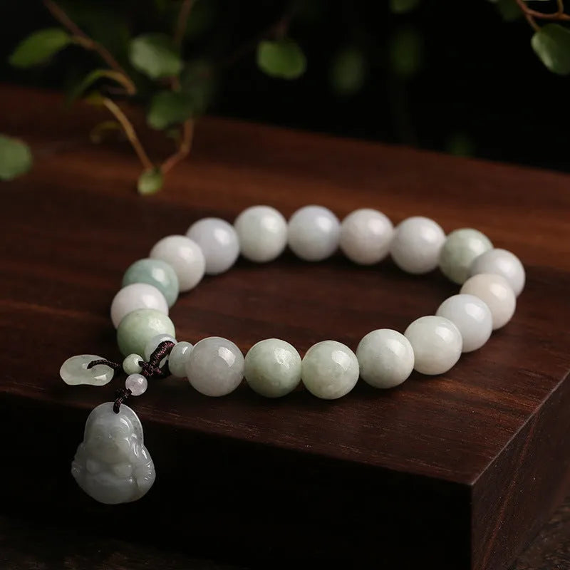 Natural jade Buddhist hanging bracelet showing geometric shape and symbolic charms
