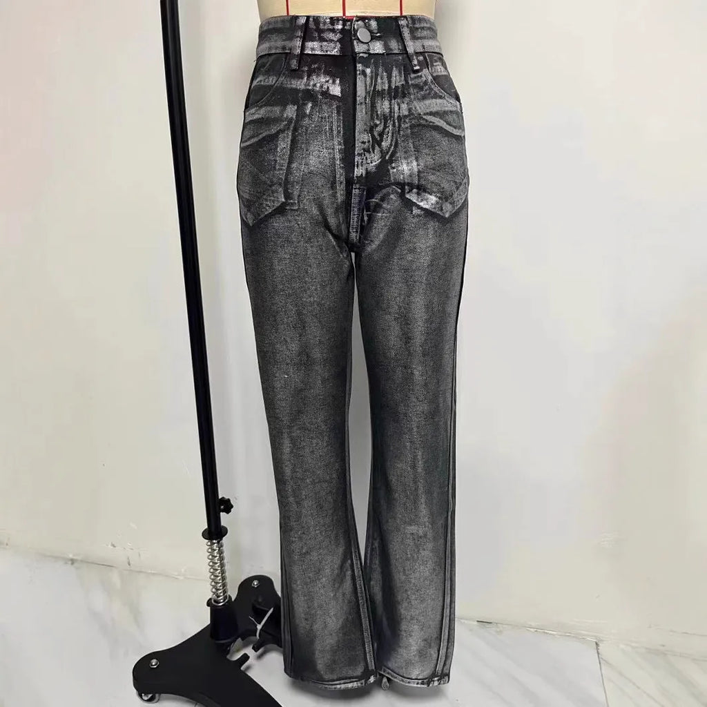 Blue high-waist straight-leg women's jeans with contrast colour detailing on a denim background.