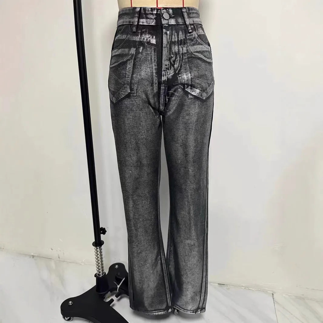 Blue high-waist straight-leg women's jeans with contrast colour detailing on a denim background.