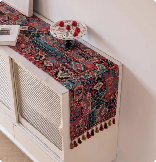 European country style table runner with handwoven tassels in cotton-polyester blend fabric