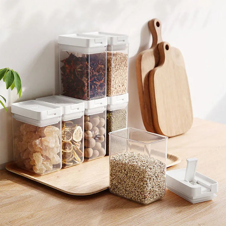 White transparent plastic grain storage container with Japanese design