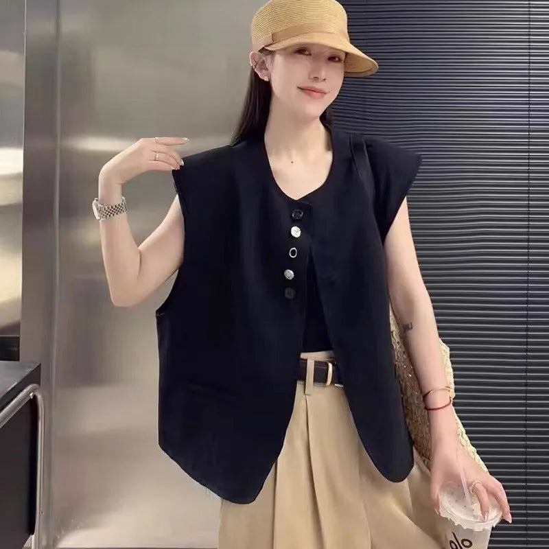 Women's loose-fit short polyester vest in milky white with pocket detail.