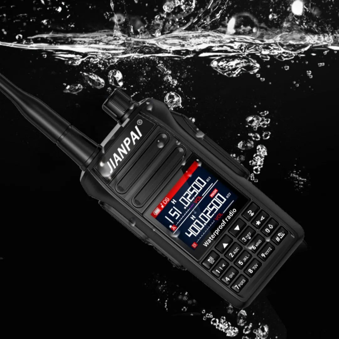 Black Interphone Aviation Full Band waterproof motorcycle Bluetooth communication headset with antenna and accessories.