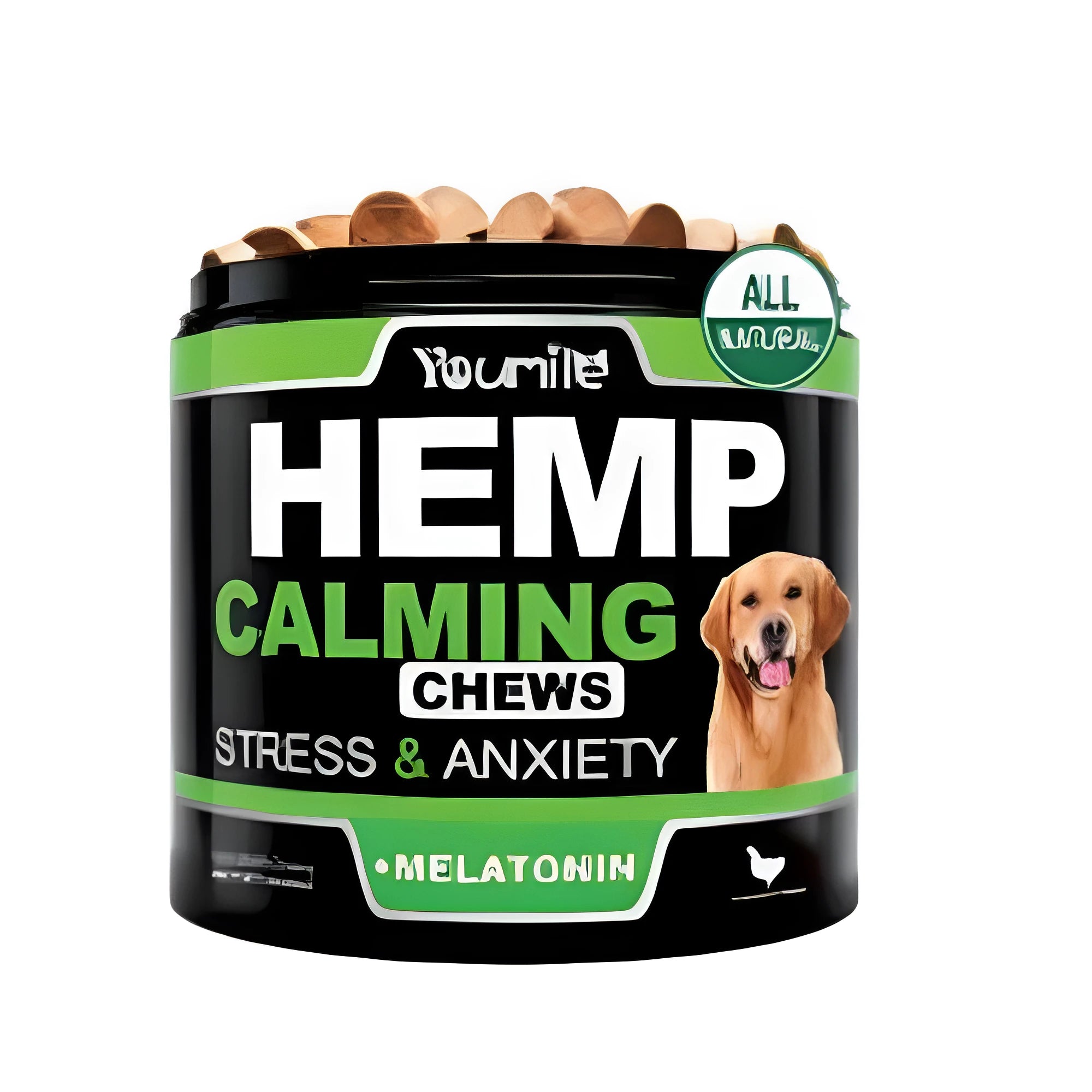 Calm Down And Chew chewable stress relief supplement bottle containing 120 capsules.