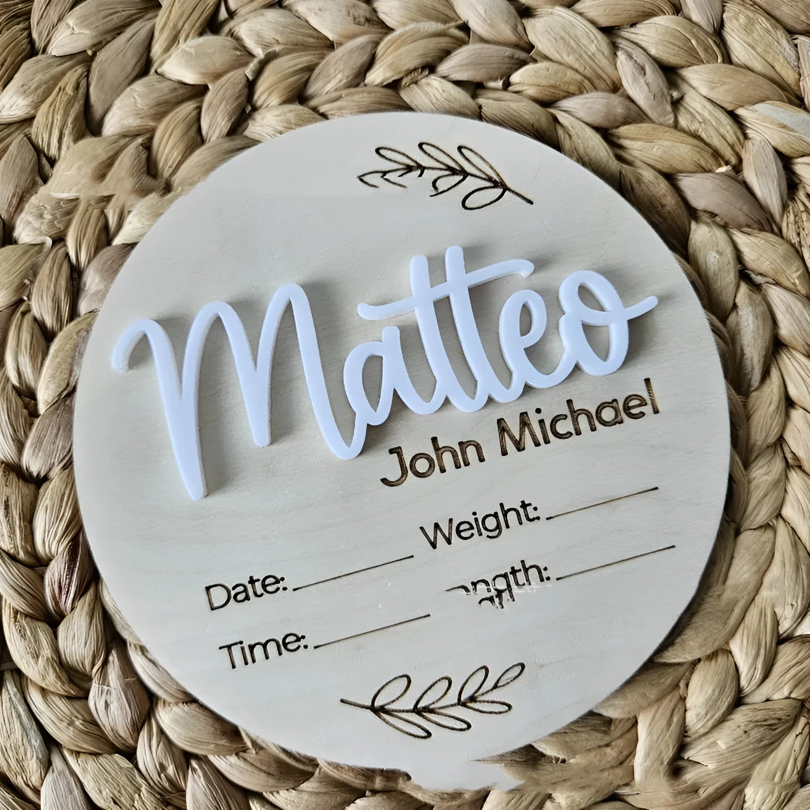 Square wooden baby name label with birth information, 15cm by 15cm, in one of three style choices.