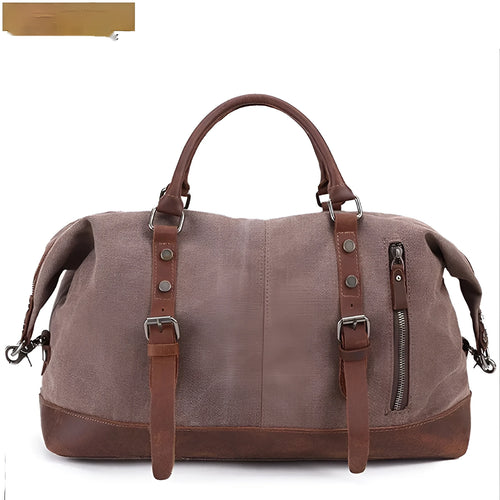Canvas travel messenger shoulder bag with Crazy Horse leather trim, large capacity 36-55L, retro style, khaki colour
