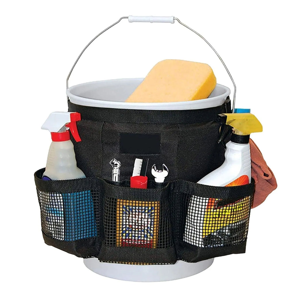 Black cylindrical polyester storage bag hanging on the side of a 5 gallon bucket.