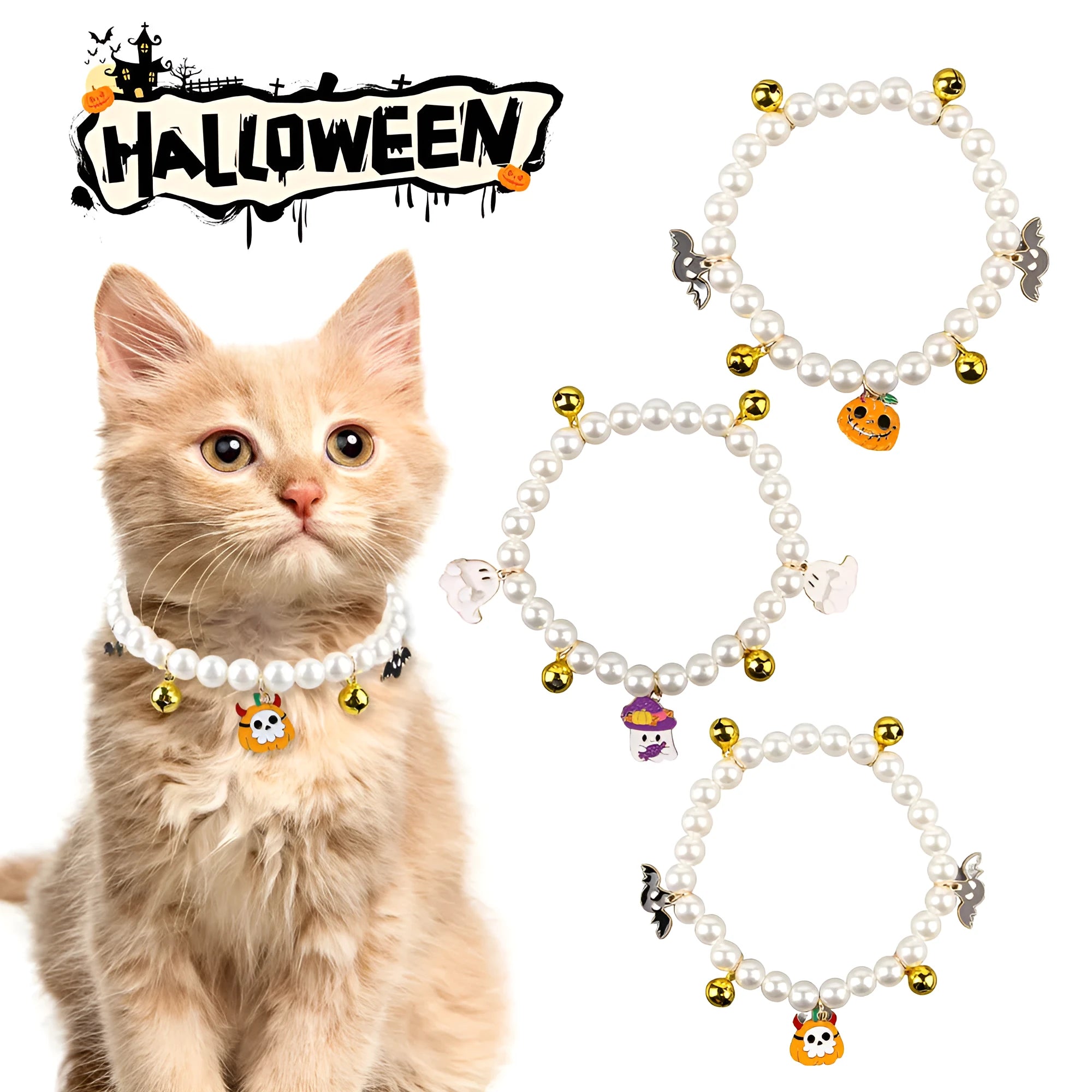 Halloween cat collar with simulated pearl decoration showing purple ghost, skull pumpkin, and smiling pumpkin design options