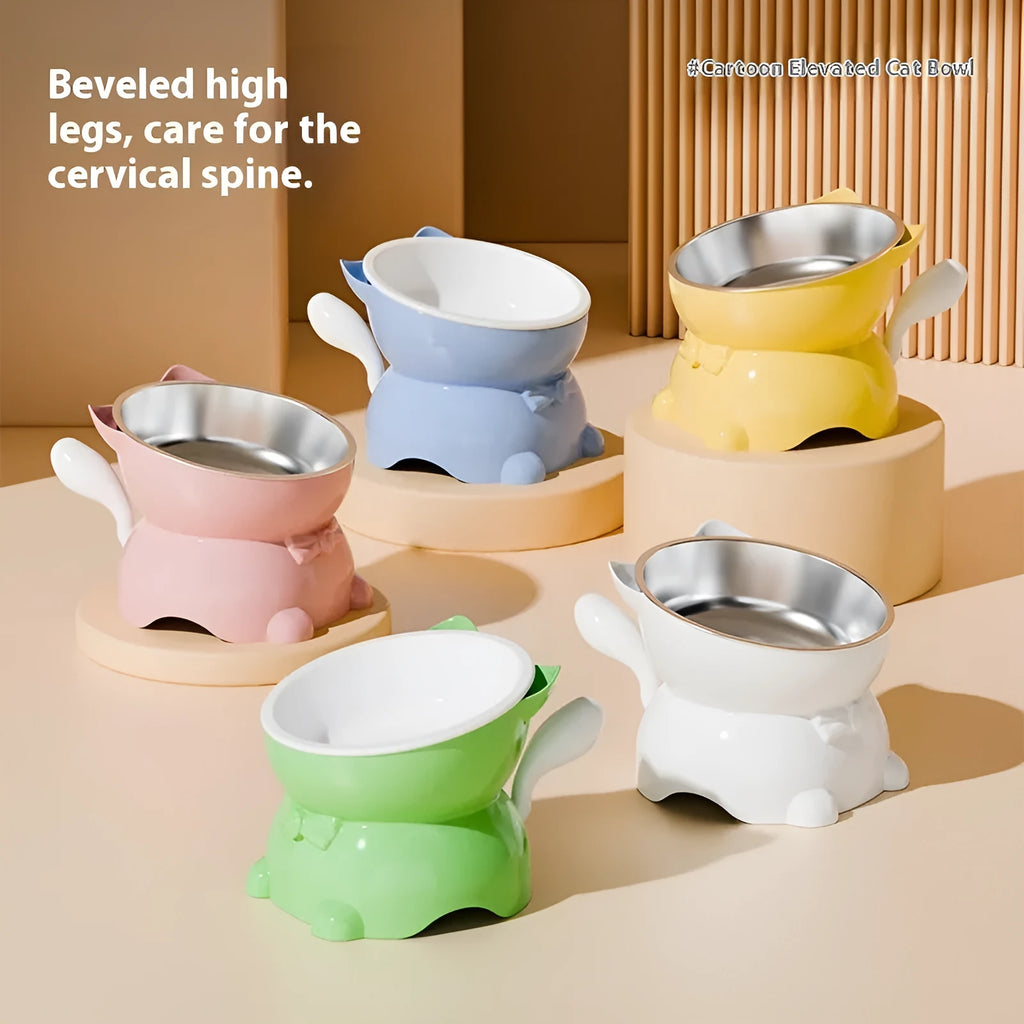 Stainless steel slanted cat bowl with non-slip base in black, blue, pink, and yellow colour options.