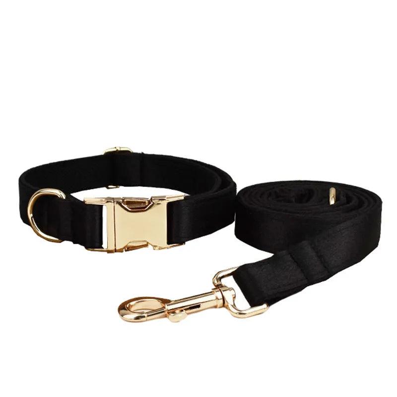 Cloth dog collar and leash set with chest strap, coordinating bow, and dog vest in multiple sizes.