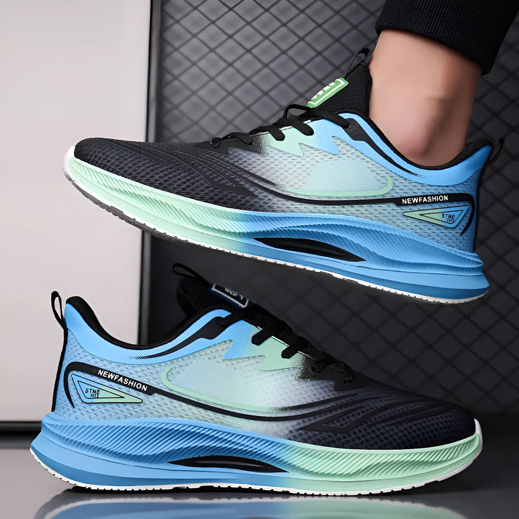 Men's low-top casual shoes in mesh with round toe and rubber sole, shown in black, blue, and grey-green colours.