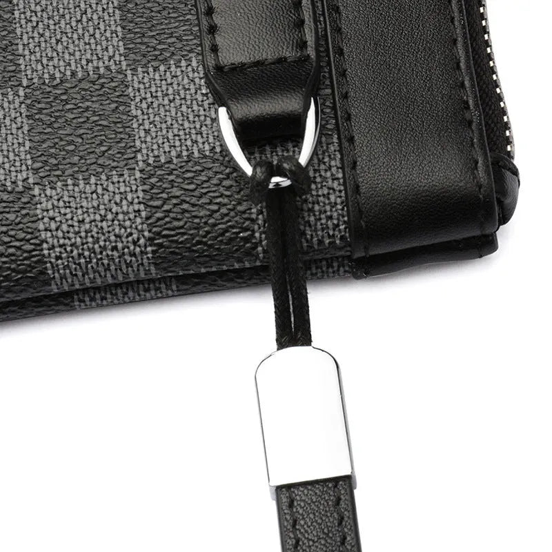 Men's black leather plaid clutch wallet showing front view with 20 x 10 cm dimensions