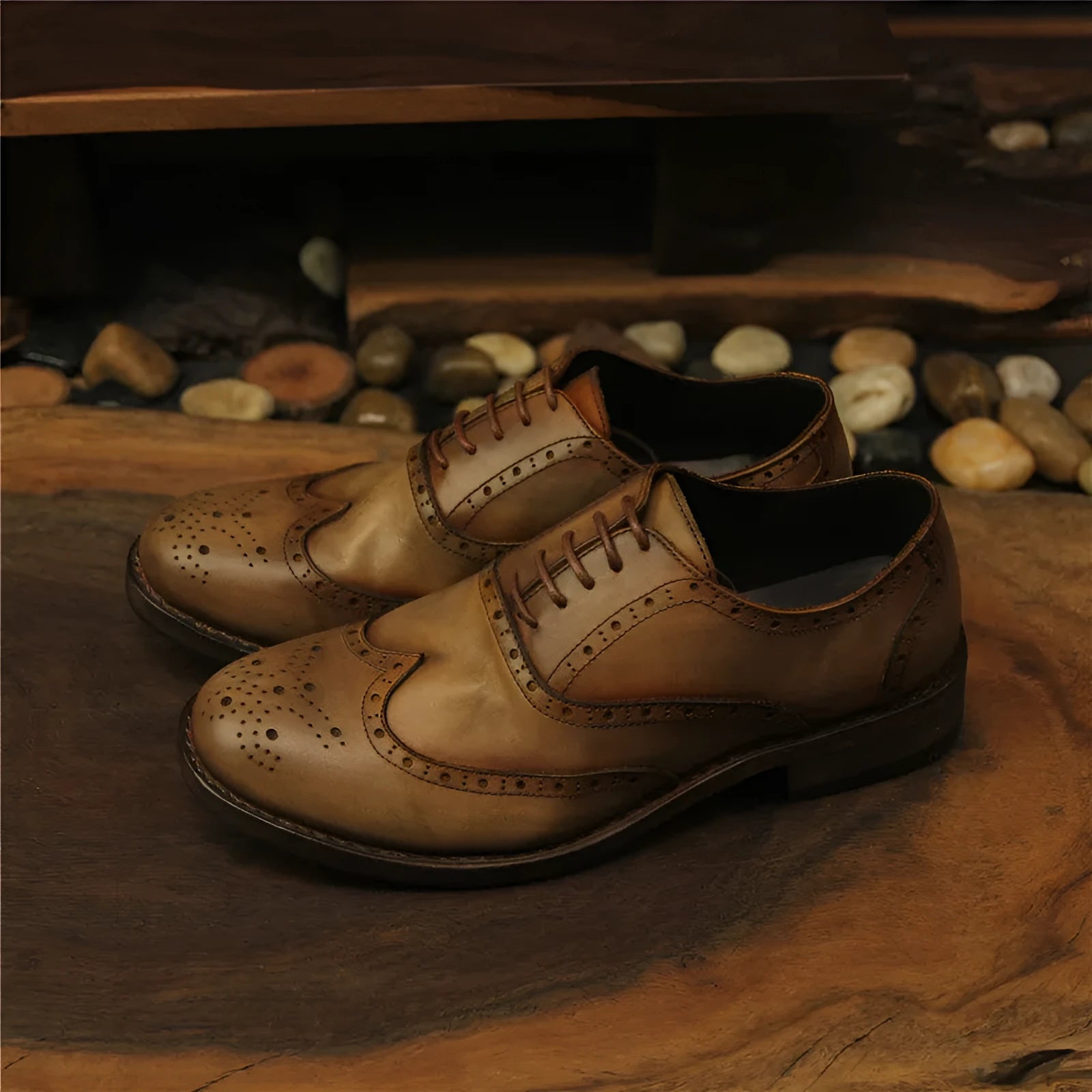 Men's light brown vintage leather casual shoes with carved distressed detailing and lace-up closure