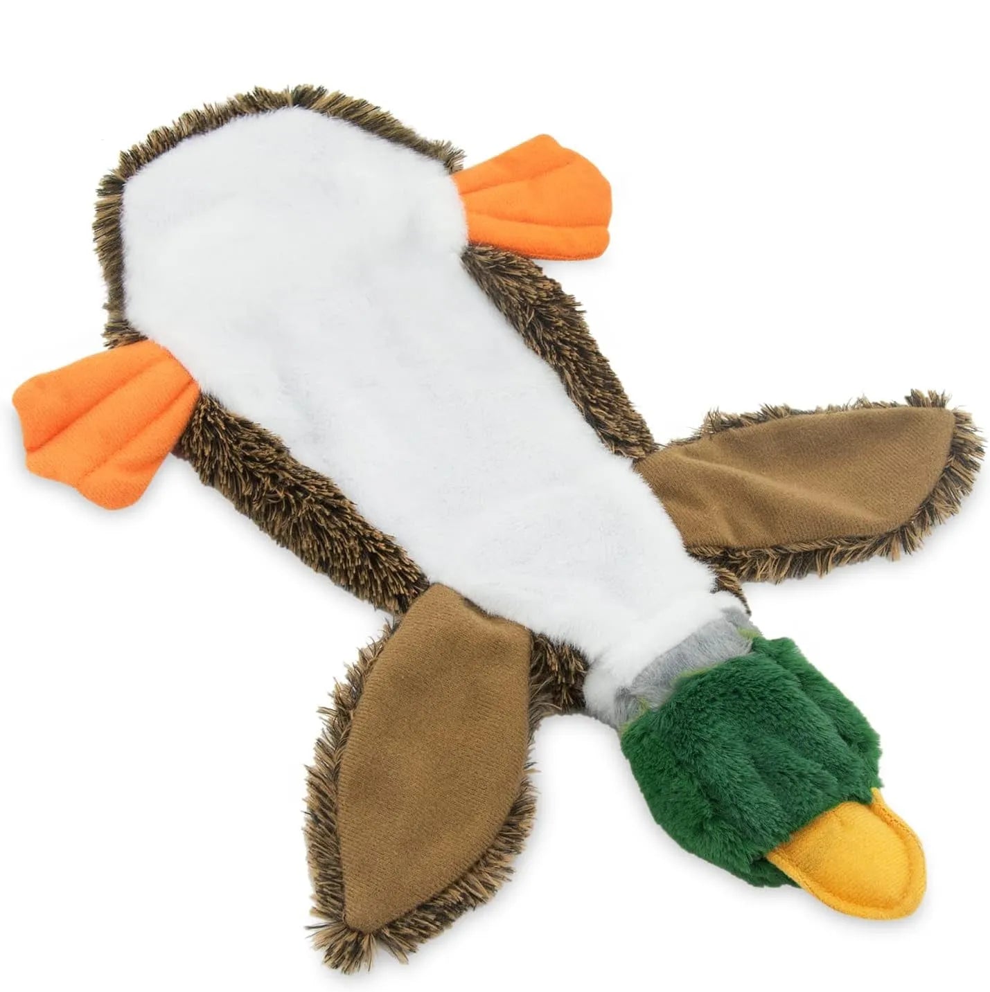 Green plush duck dog toy with stuffless design and two squeakers