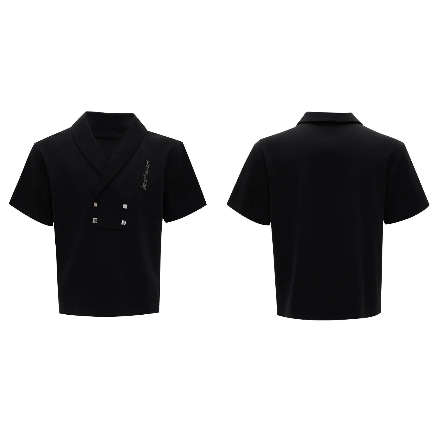 Men's dark cotton sports suit with padded shoulder V-neck top and matching shorts with metal embellishments