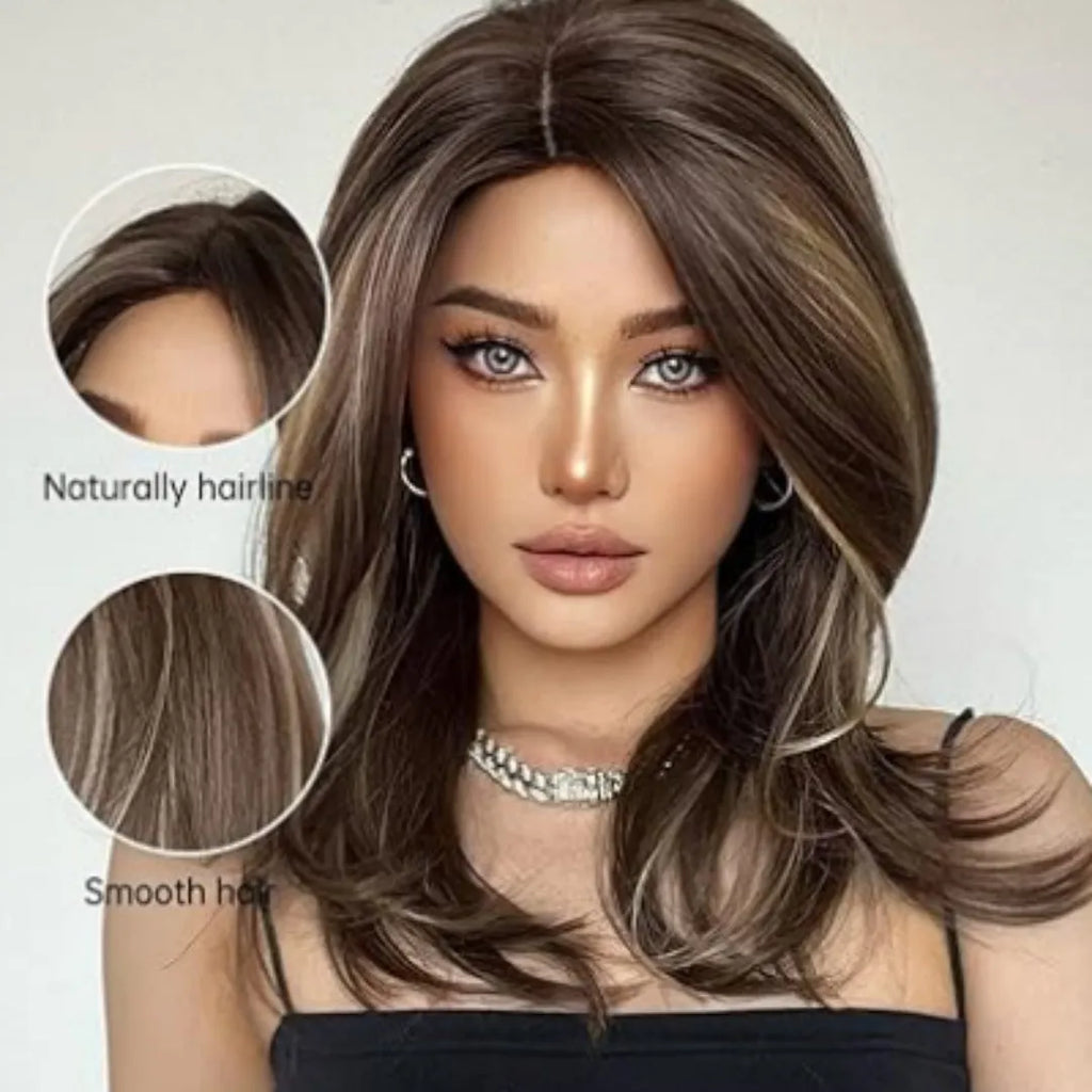 Mid-length synthetic wig with long curly hair, fringe, and platinum gradient colours