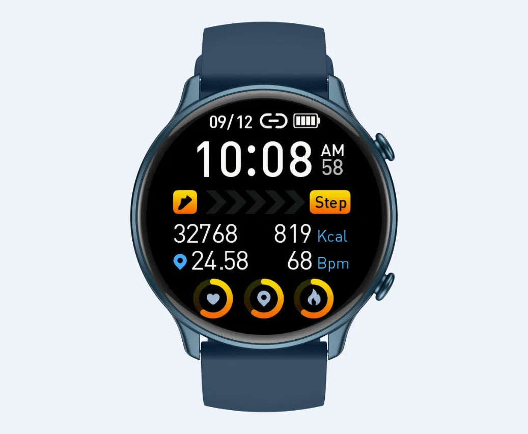 Round touch screen smart sports watch with heart rate monitor and silicone strap in black, blue or pink