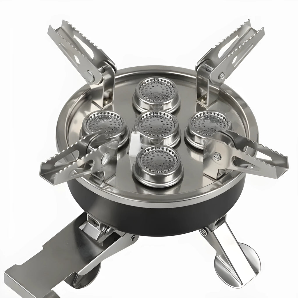 Silver foldable stainless steel split camping stove with extended fuel hose, shown unfolded.