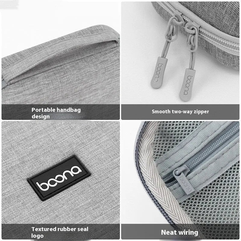 Gray multifunctional digital storage bag for data cable headset charger made from EVA material with sewing, holding cables and a charger