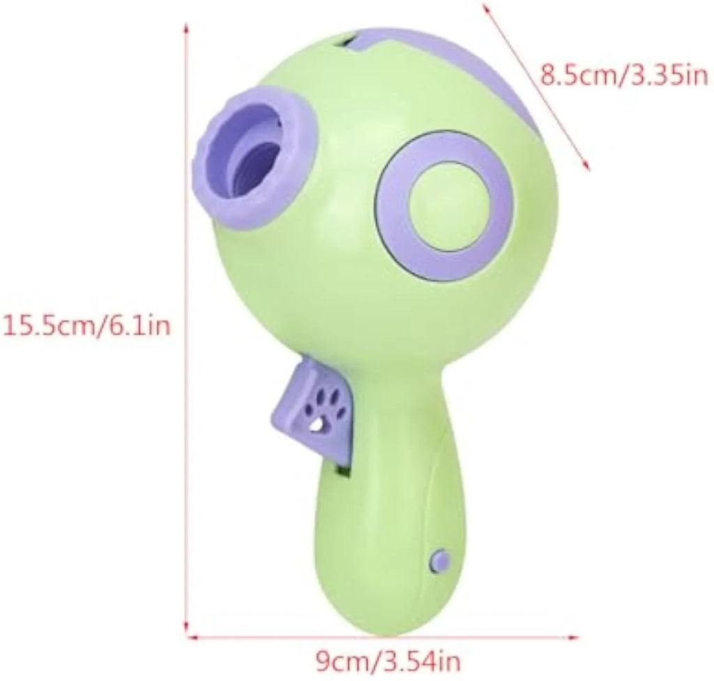 Green orange pink dog treat launcher toy measuring 15.5cm x 9cm x 8.5cm