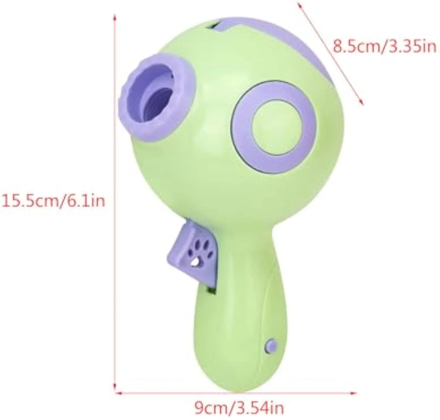 Green orange pink dog treat launcher toy measuring 15.5cm x 9cm x 8.5cm