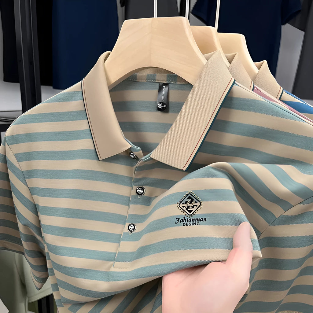Man modelling a red striped short sleeve casual shirt with mosaic pattern detail.
