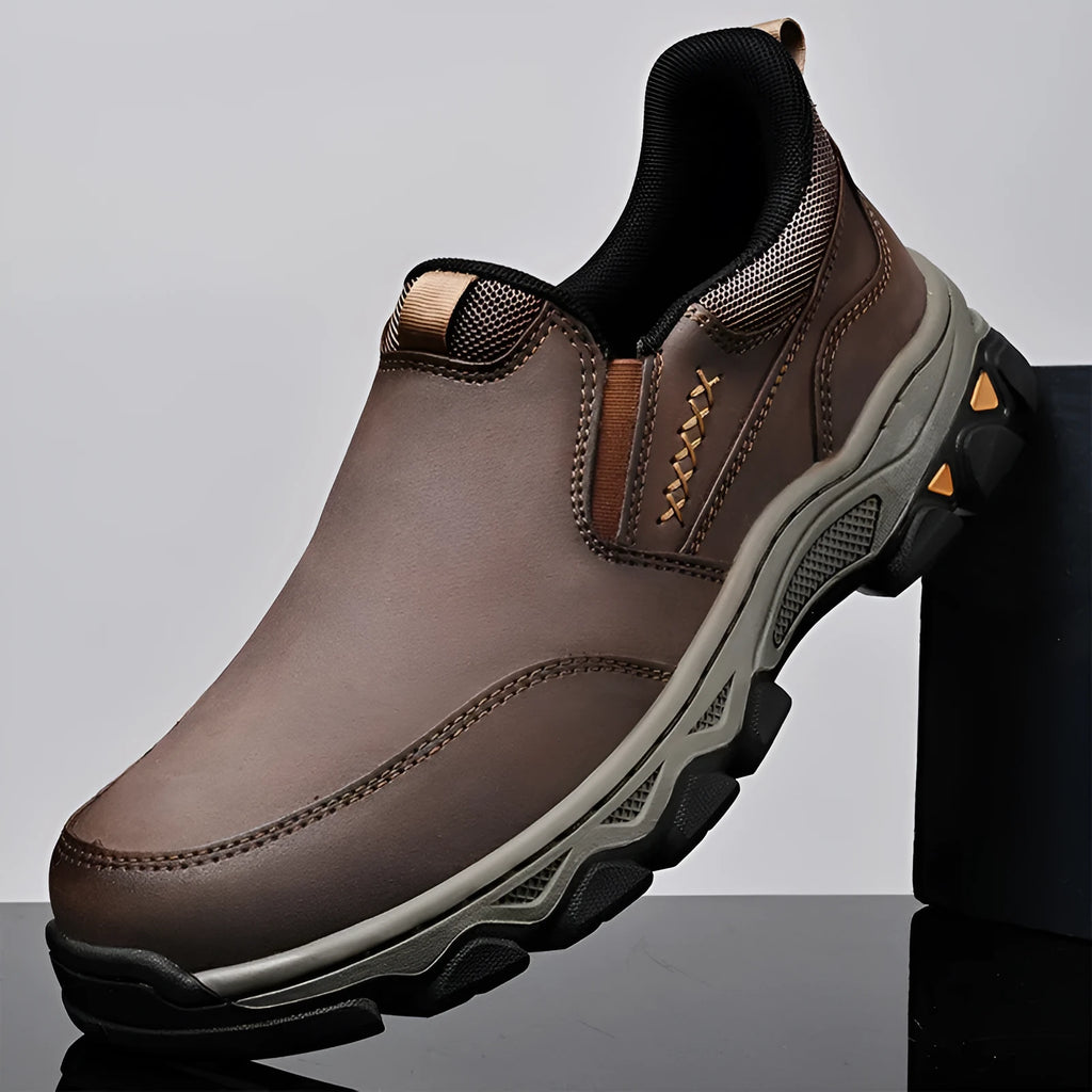 Men's casual leather-style shoes with rubber soles in black, brown and grey colours