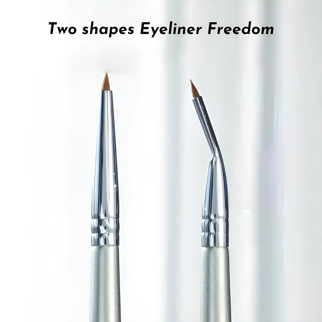 Angled bend head fine tip synthetic eyeliner brush for under eye concealer and detail work.