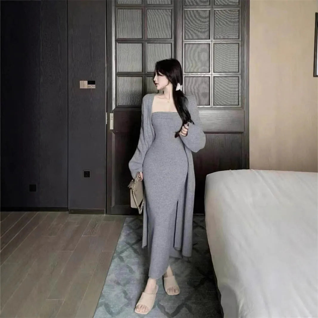 Women's knitted polyester dress and coat suit set in a choice of nine colours including wine red.