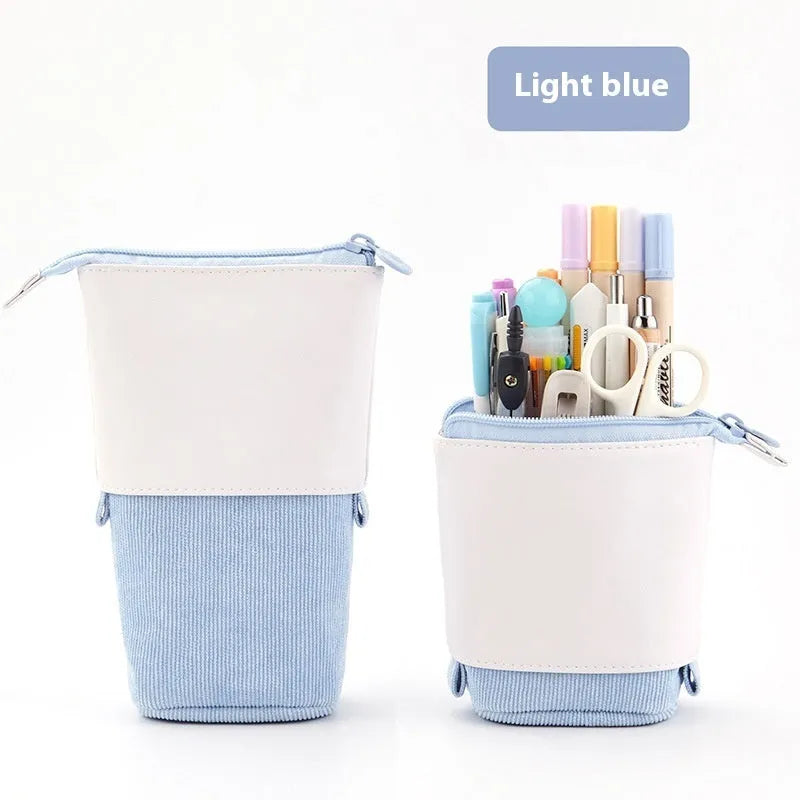 Corduroy stationery case with telescopic drop-down design in six colour options