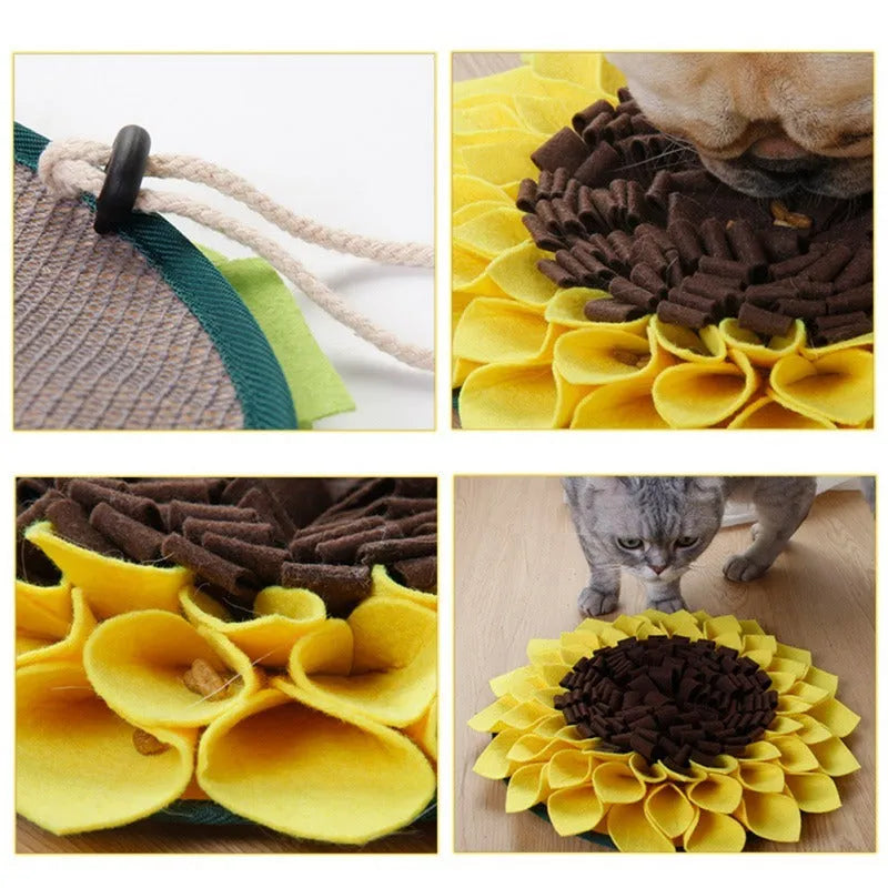 Yellow sunflower-shaped dog snuffle mat with fabric folds for hiding treats.