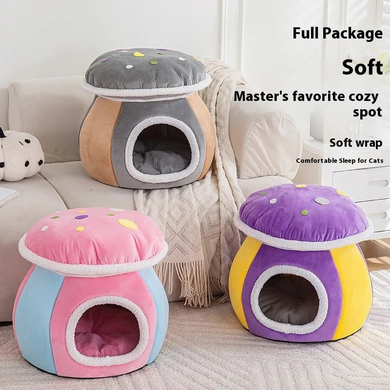 Mushroom-shaped plush cat bed in purple, pink, or grey colours