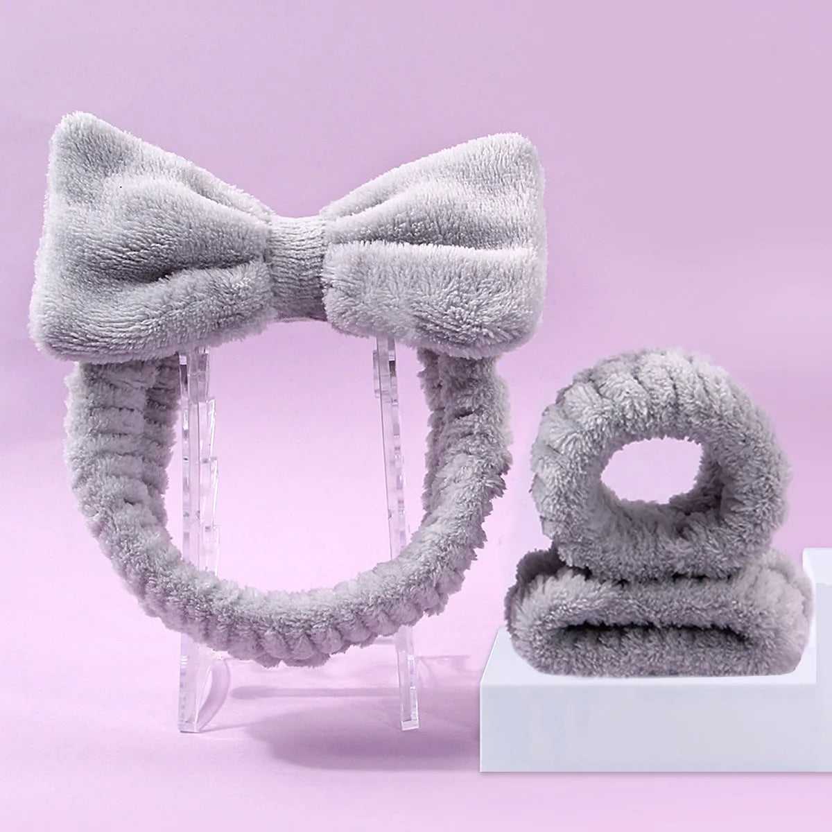 Facial brush set with coral fleece hairband in multiple colour options including purple, grey, white, and pink