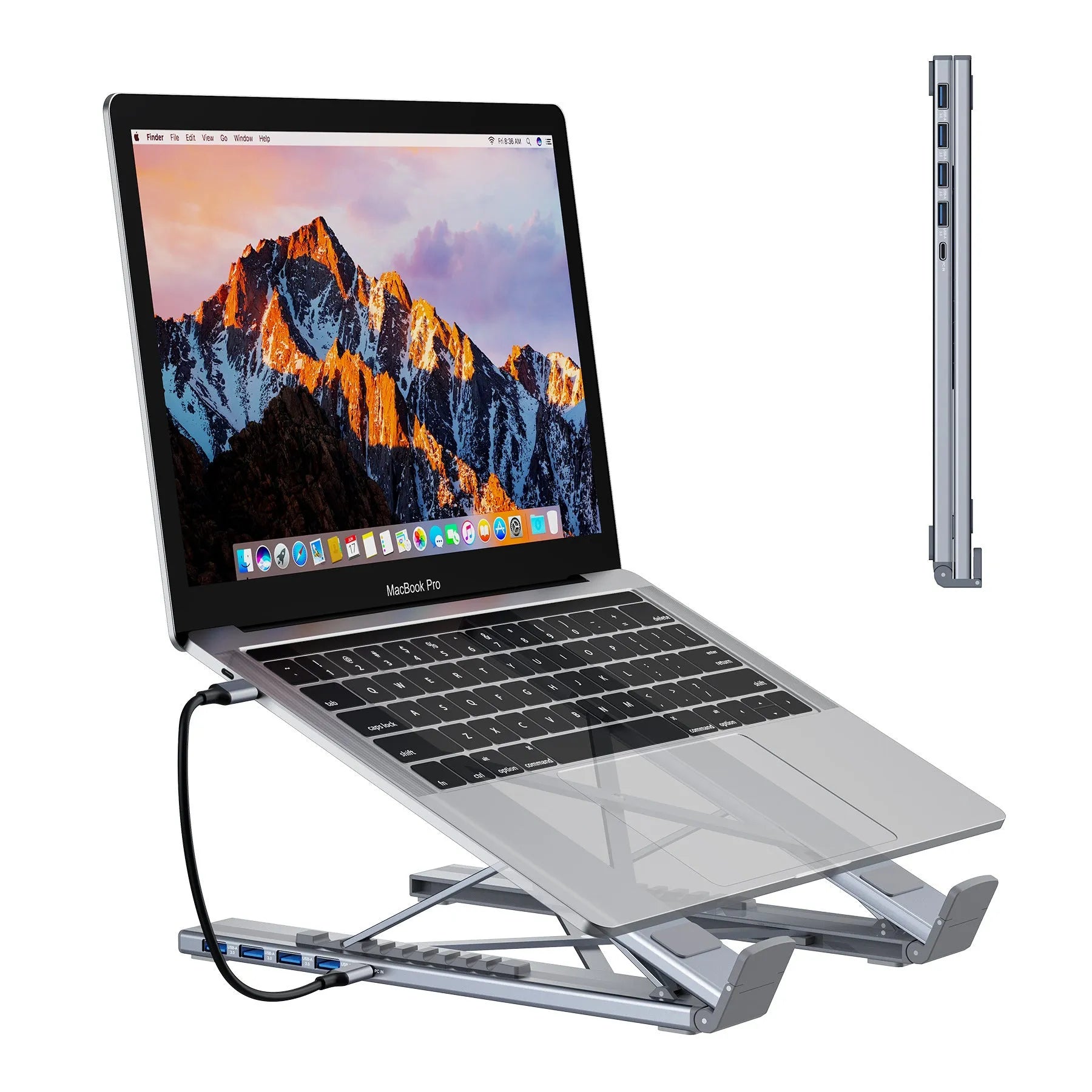 Aluminium alloy folding laptop docking station stand with multi-port HUB in 8-in-1 colour.