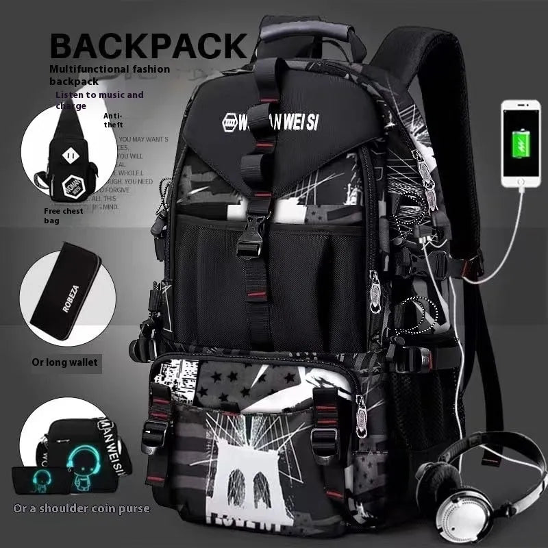 Men's large waterproof Oxford cloth hiking backpack in multiple colour options on a neutral background.