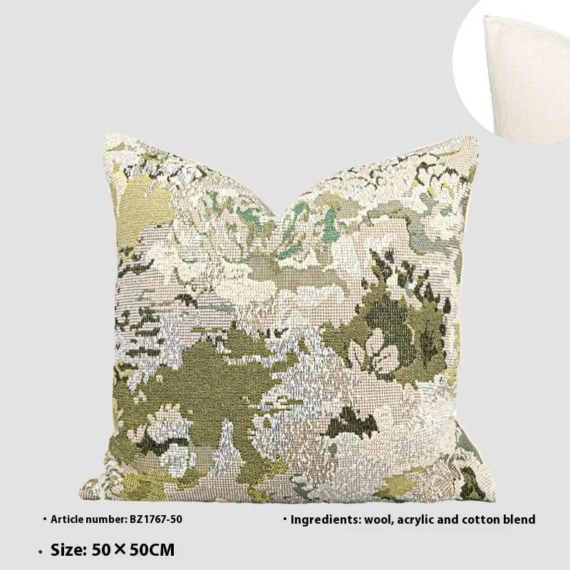 Antique green wool blend pillowcase with French style spring flowers botanical pattern