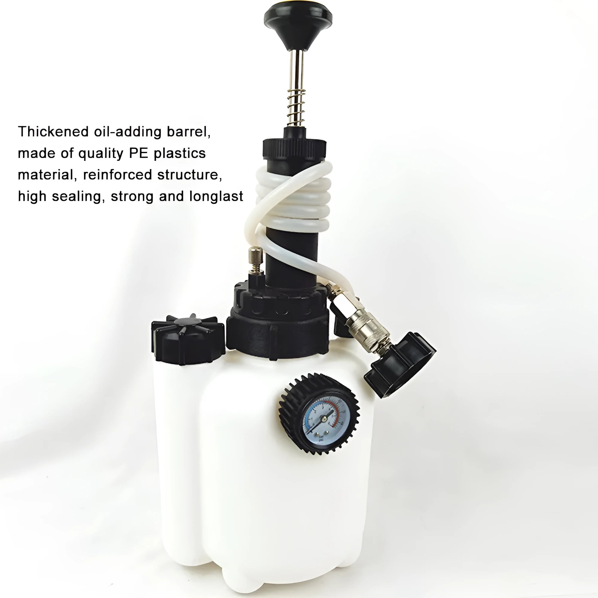 White 3-litre automobile brake oil tank replacement tool kit with copper, iron, and plastic components.