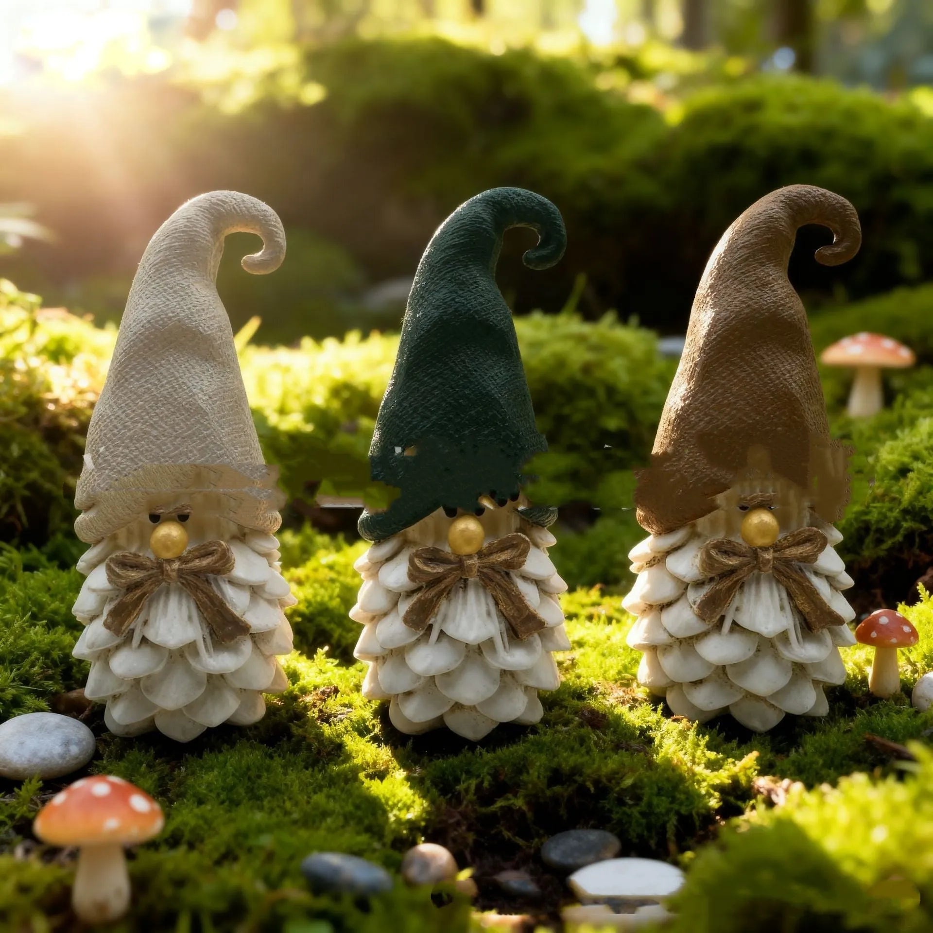 Three resin dwarf pine cone decorations in a set, each 9x5x4cm, for autumn harvest festival display
