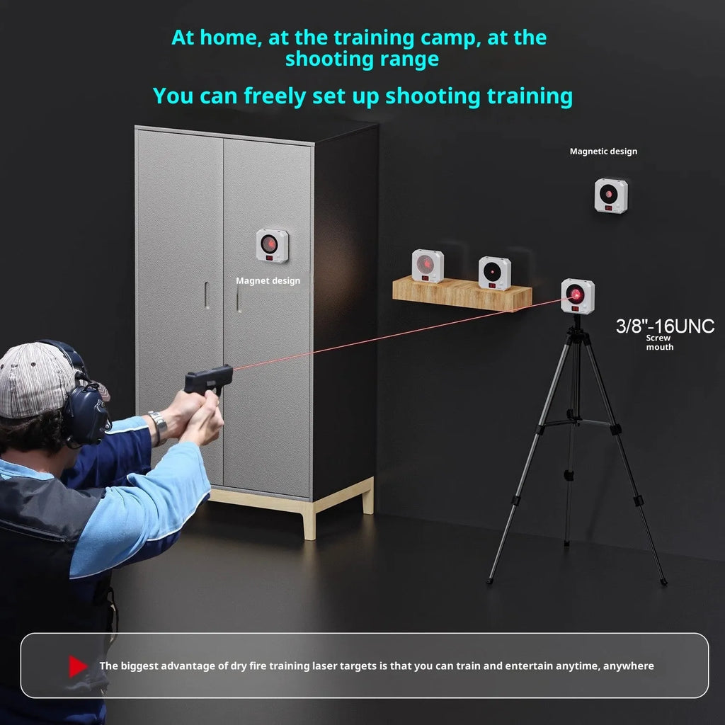 Laser target for dry fire training with infrared counting display, rechargeable, ABS construction, magnetic plate and four target rings