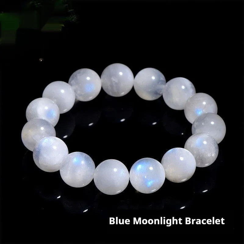 Natural moonstone round bead bracelet showing white blue moonlight colour