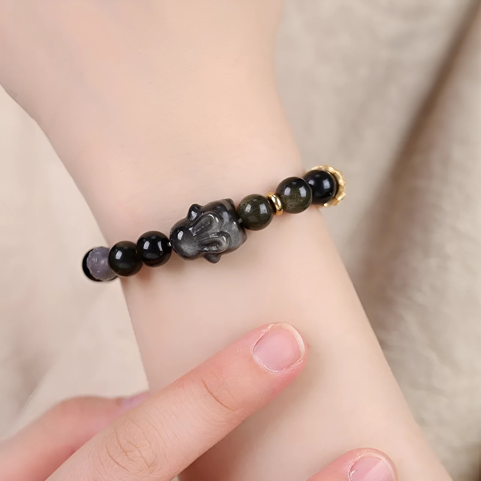 Handmade lying rabbit obsidian bracelet in Chinese national style with 8mm and 10mm width options