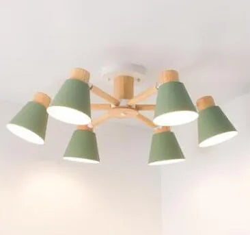 Nordic macaron ceiling pendant lamp with ironwood construction in multiple head configurations