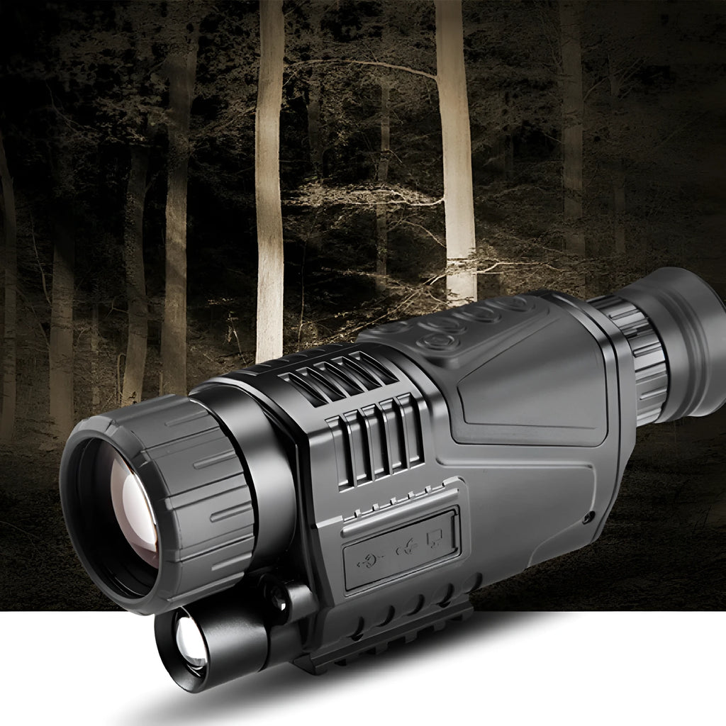 Black digital night vision telescope with rubber coating, 40mm lens, and included storage bag.