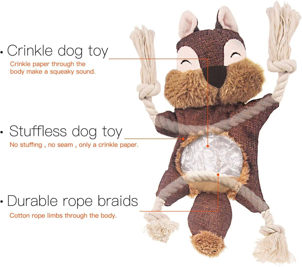 Brown fox-shaped dog toy with embroidered eyes, cotton rope through arms and legs