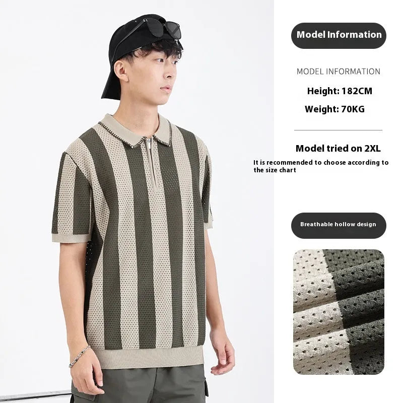 Men's black and white striped short sleeve ice silk sweater with a decorative zip.