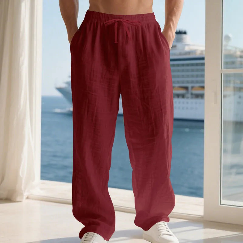 Men's linen solid colour loose fit wide leg drawstring beach trousers, straight cut, summer casual wear