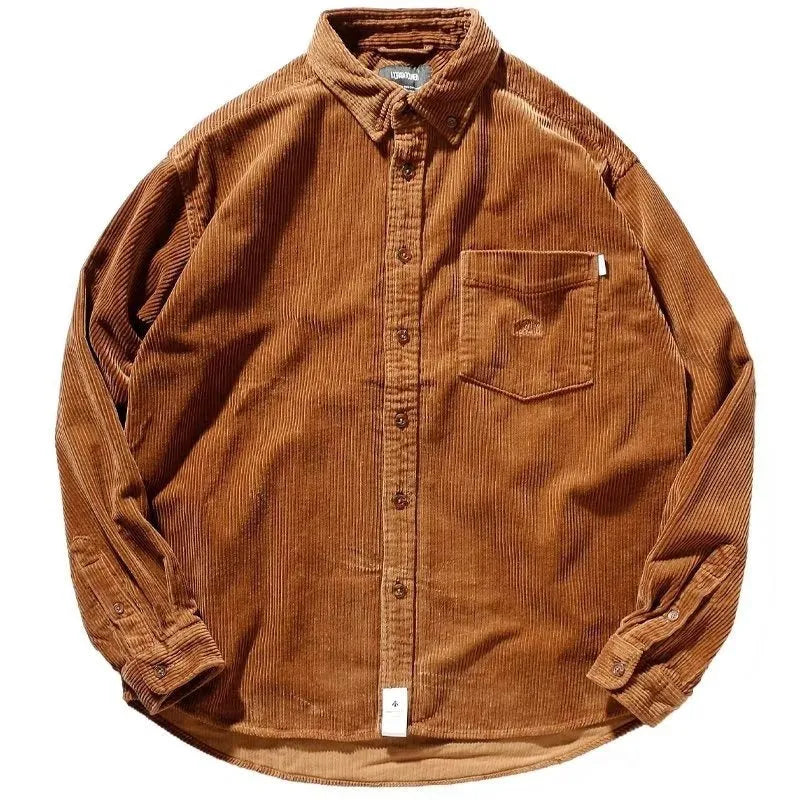 Men's caramel corduroy loose fit cardigan shirt with long sleeves Hong Kong style
