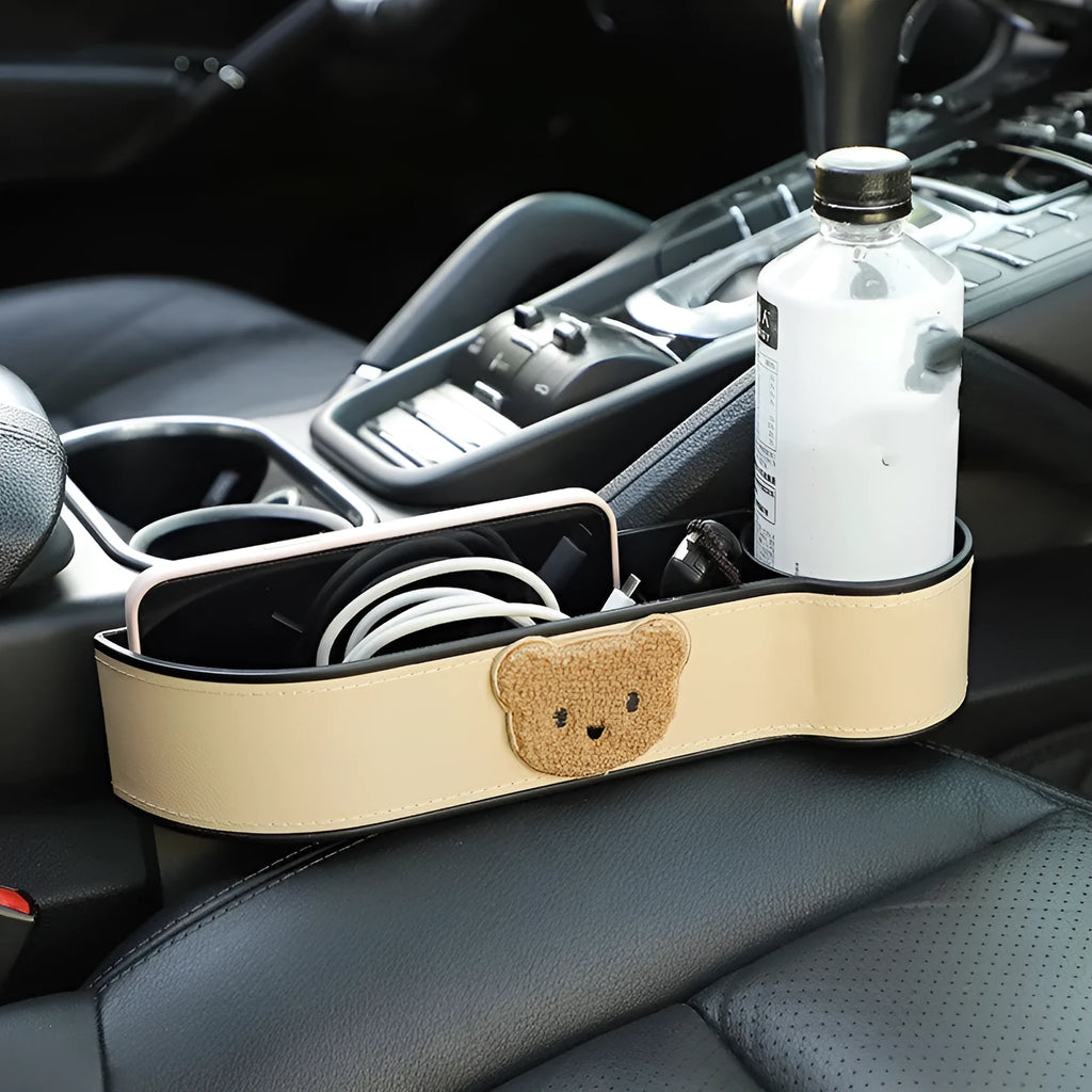 Leather car seat gap storage box with cartoon bear design options for co-pilot or main driving position.