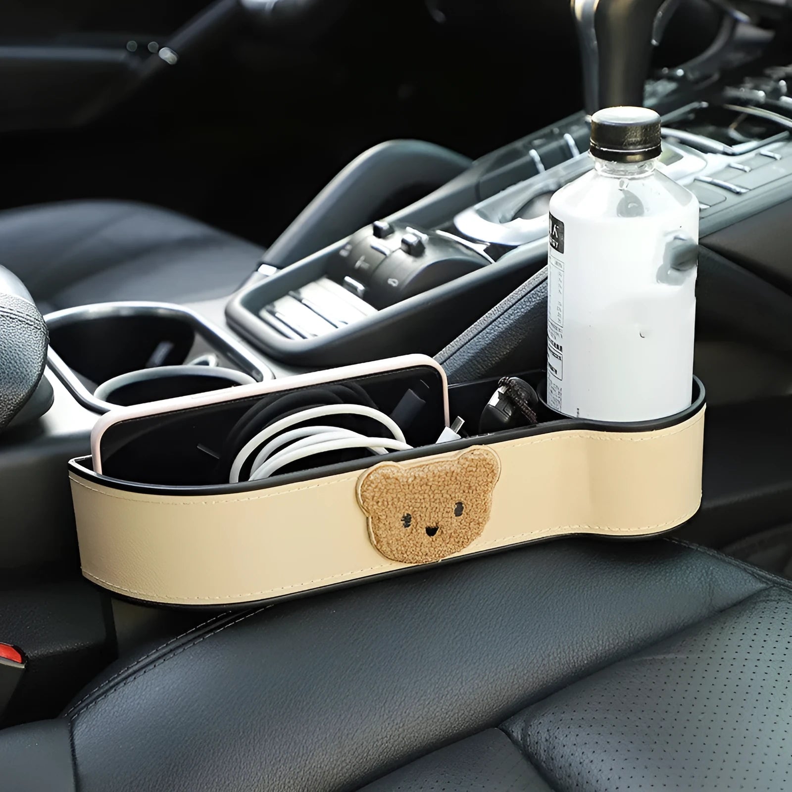 Leather car seat gap storage box with cartoon bear design options for co-pilot or main driving position.